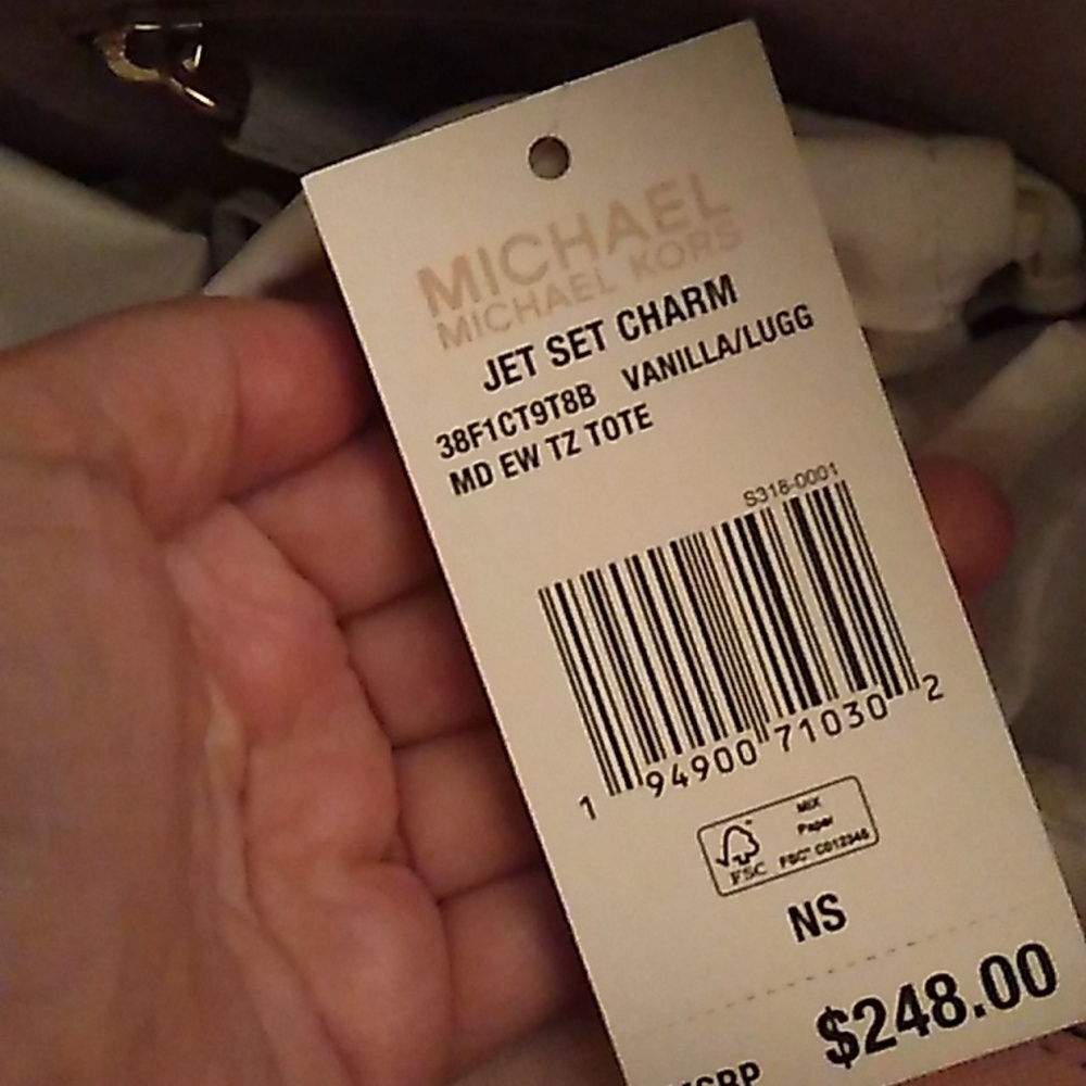 Michael Kors Cream Signature Monogram Tote with Brown Leather Handles Nwt - Picture 2 of 2